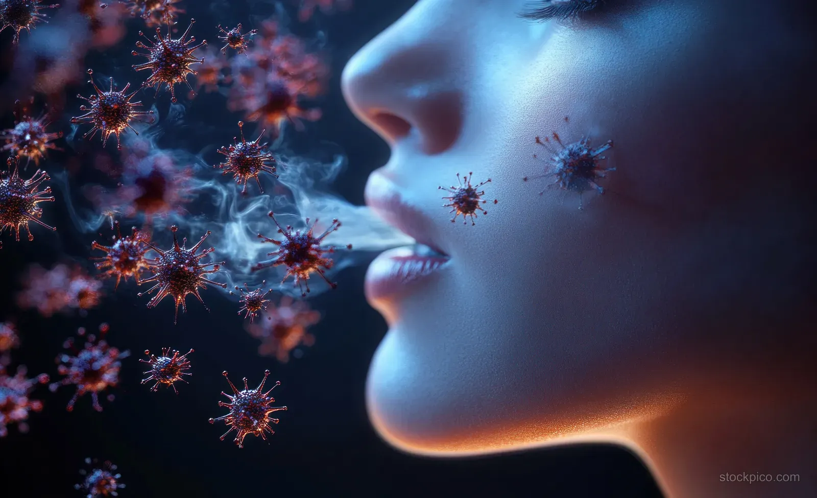 Close-up of a person exhaling glowing virus particles in a dark smoky atmosphere