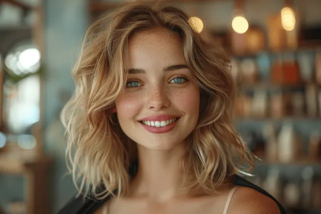 A young blonde woman smiles as a hairstylist trims her wavy haircut in a stylish modern salon.