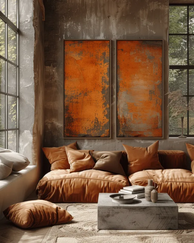 Minimalist living room with orange sectional sofa, concrete coffee table, sunlit framed artwork