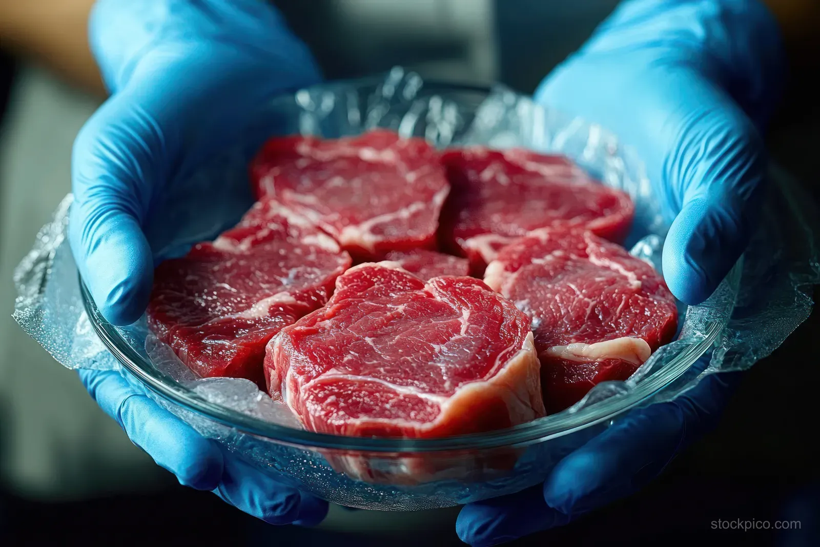 Blue gloved hands hold a sterile petri dish filled with red cultured meat tissue in a lab setting.