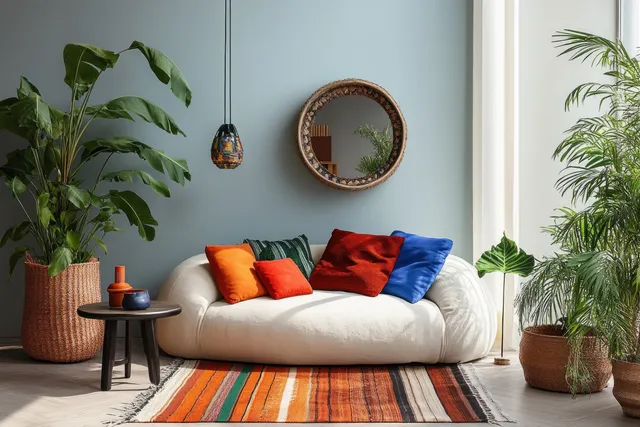 Rounded sofa with colorful cushions sits under soft light beside a minimalist coffee table and potted plants.