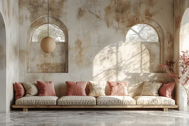 Beige sofa with pink cushions sits beneath two arched windows in a bright minimalist living room with round pendant lights.
