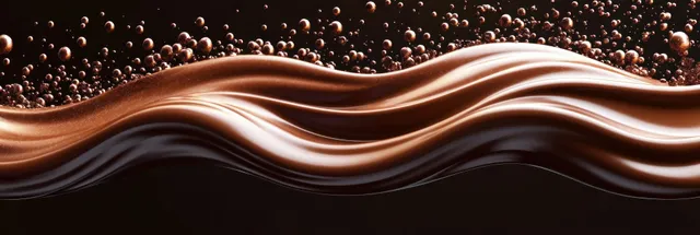Glossy dark chocolate waves with floating bubbles on a rich brown surface