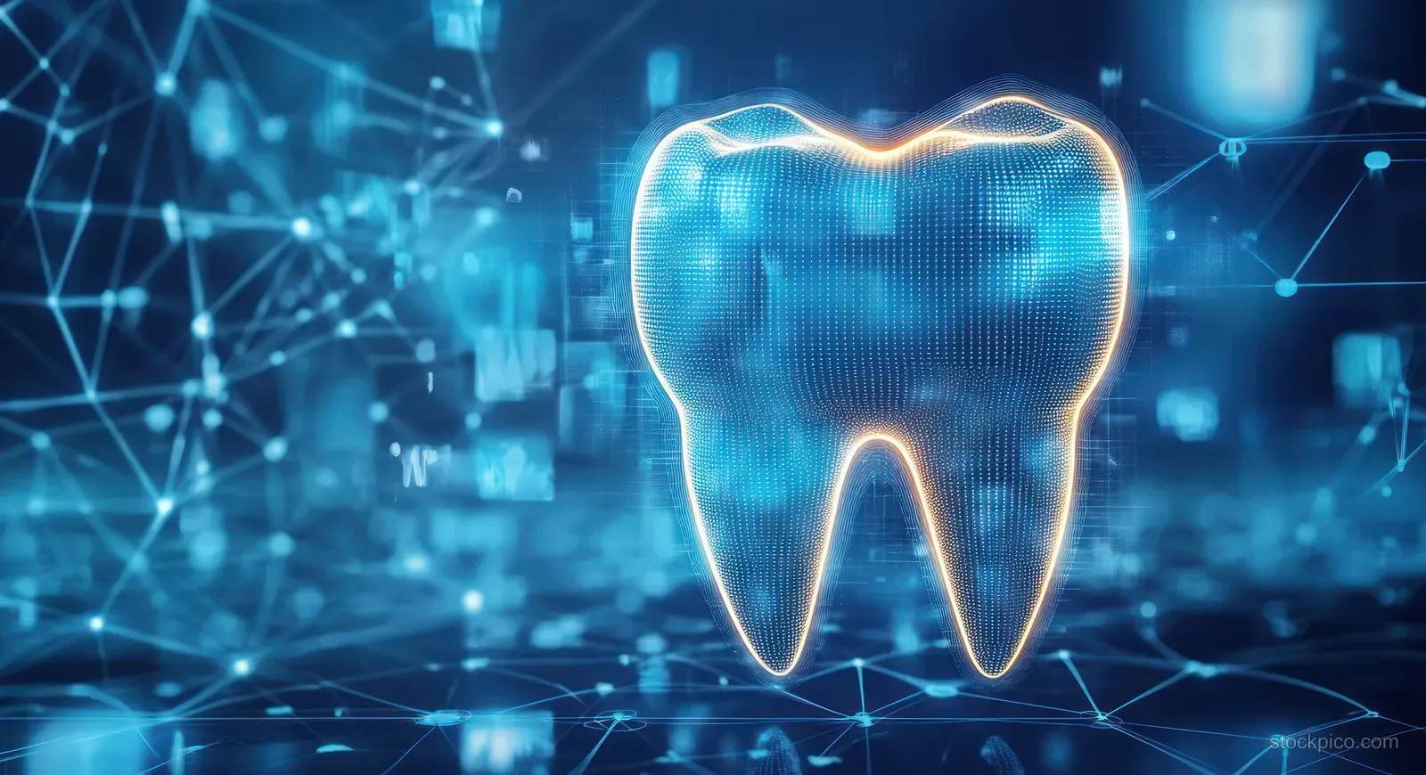 A glowing tooth icon over a blue digital network background with nodes, lines, and hexagon patterns.