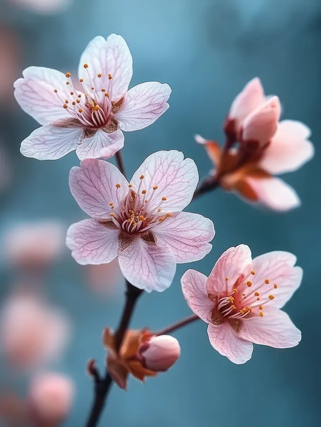 Pink cherry blossoms with yellow stamens on a branch are photographed in macro against a blurred blue background.