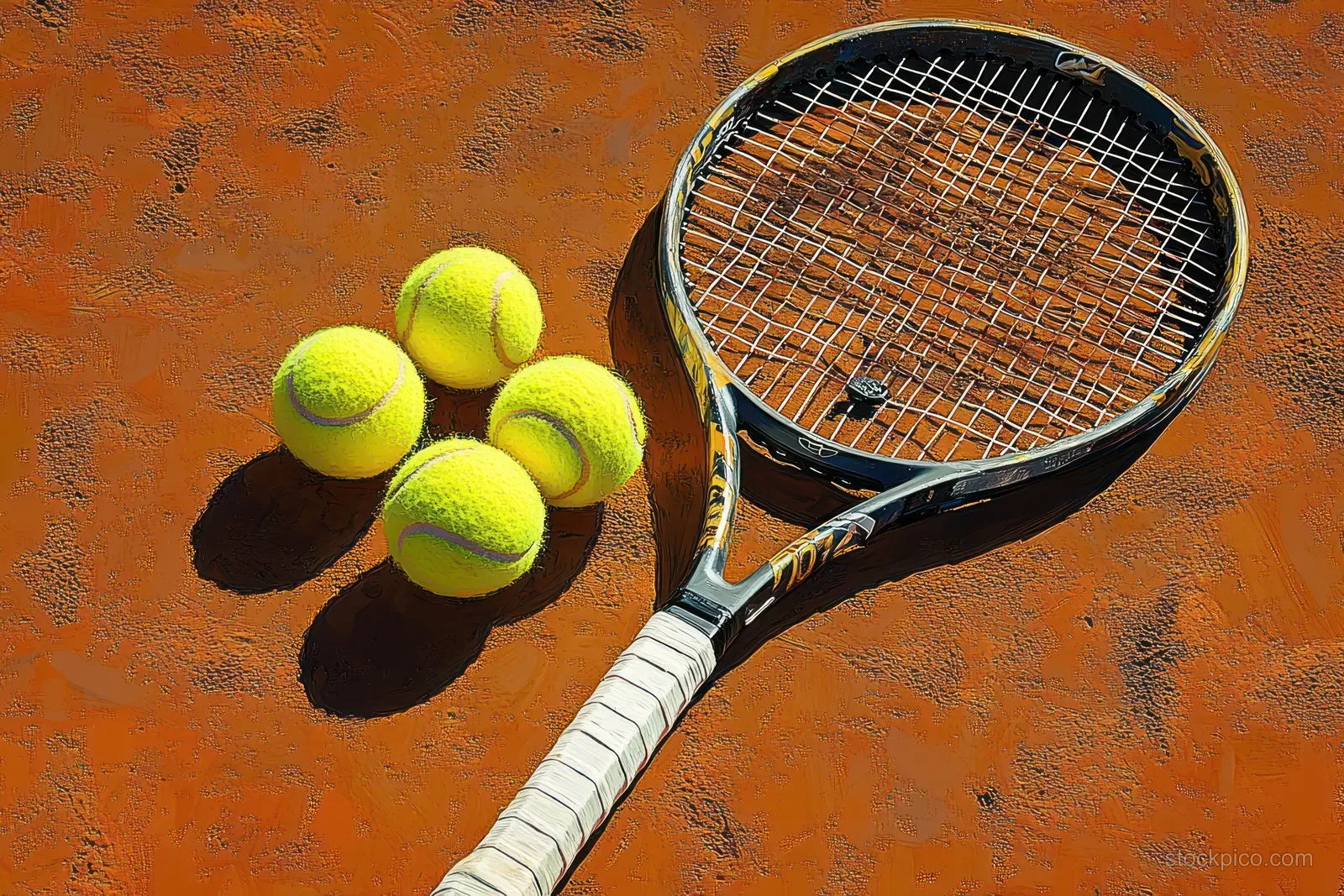 Tennis racket and four yellow tennis balls rest on a textured orange clay court casting distinct shadows.