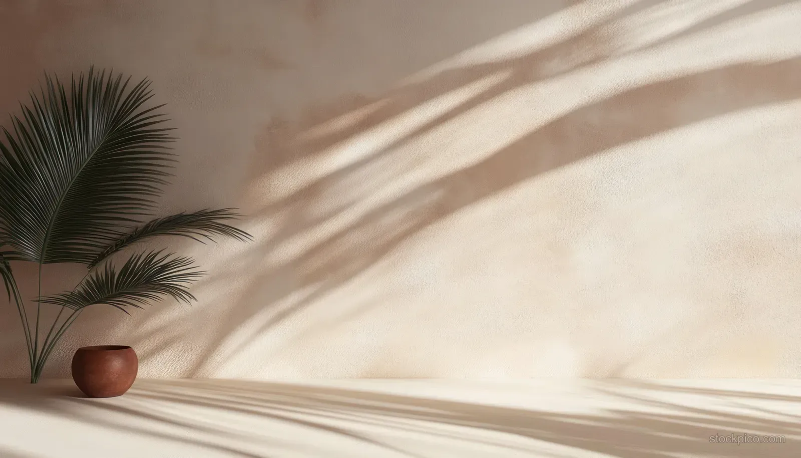 Palm plant pot beside a beige wall with soft palm leaf shadows under natural light.