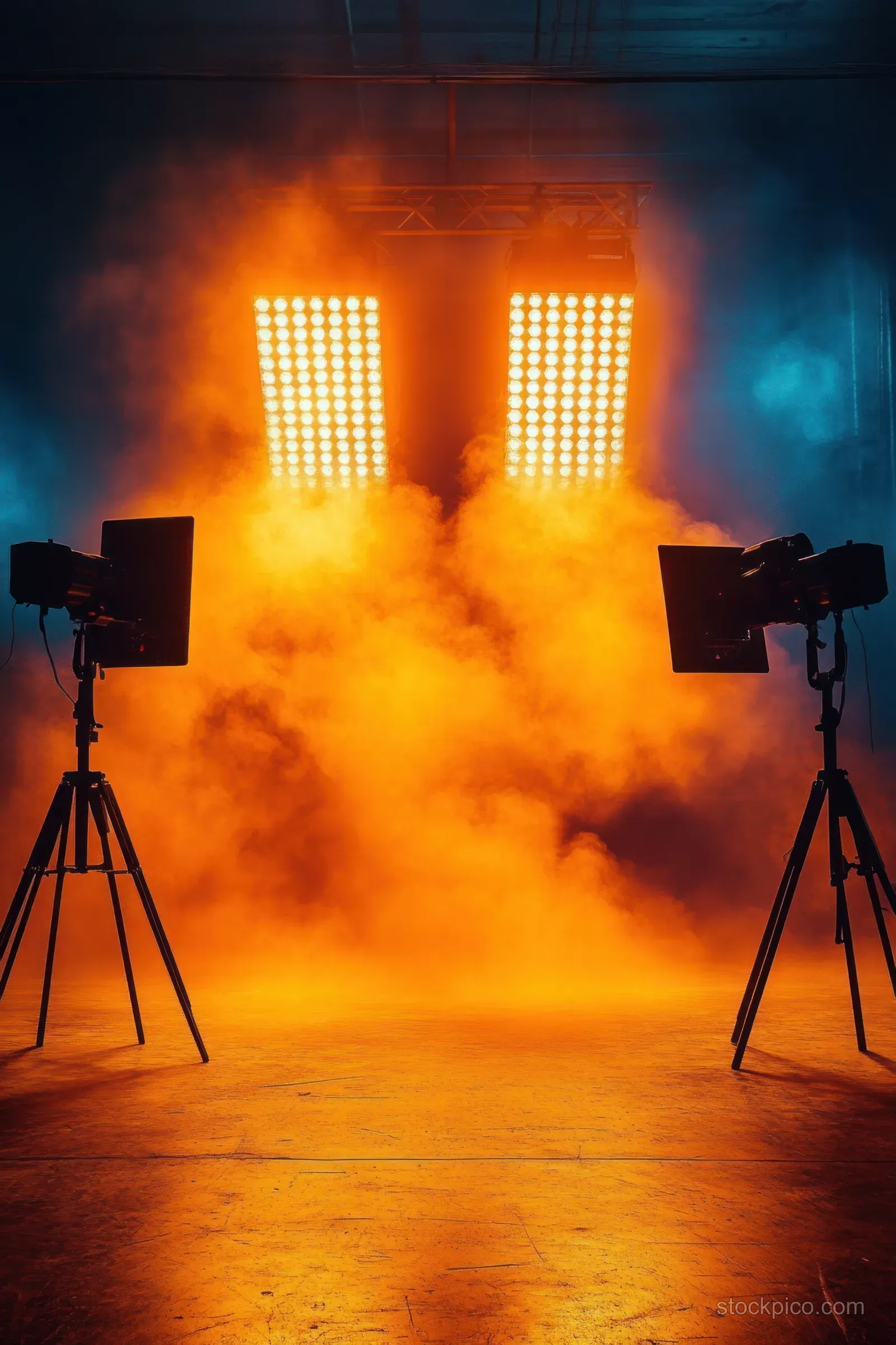 Two studio lights on tripods project bright beams through thick orange smoke in a dark indoor room.
