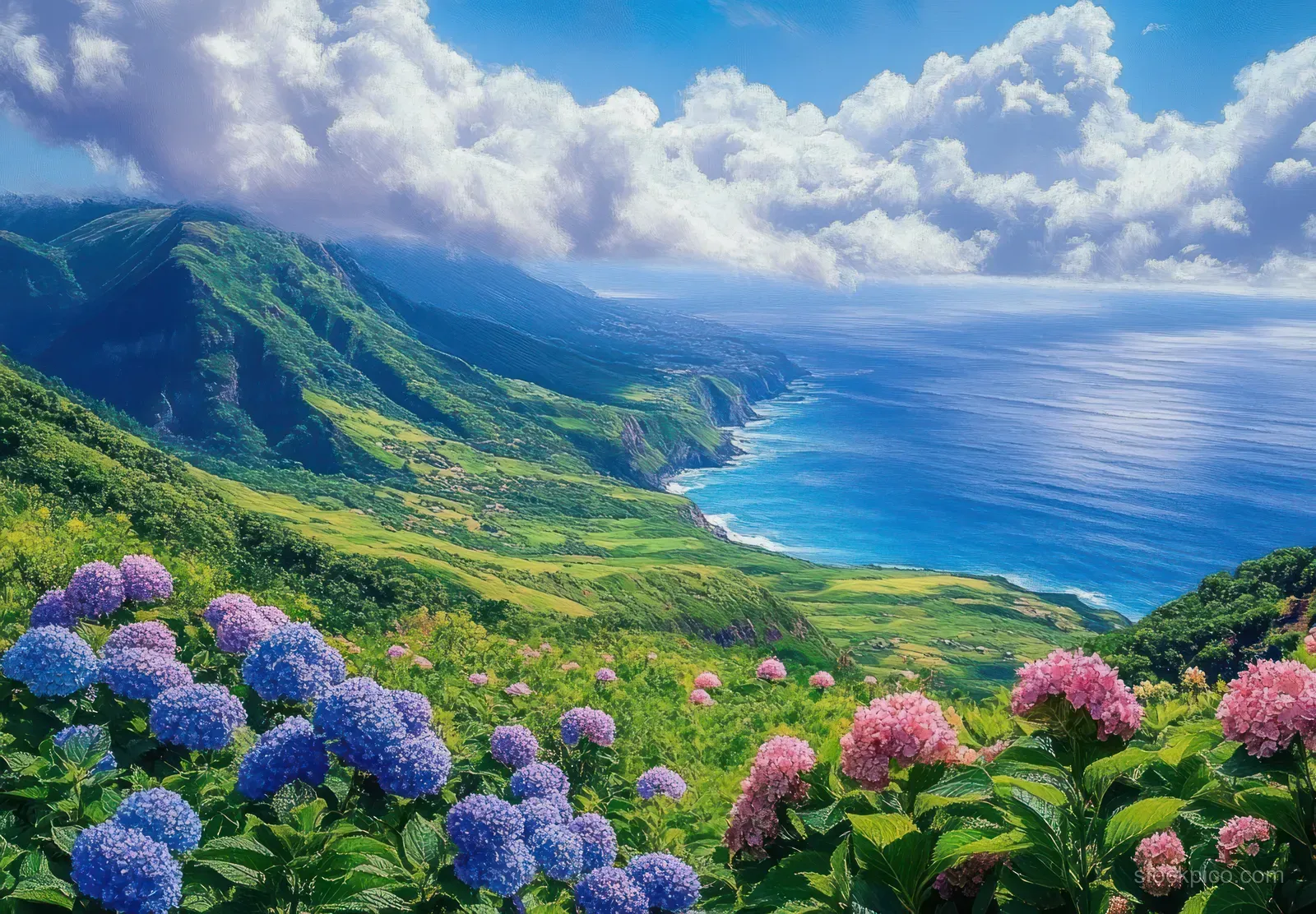 Pink and purple hydrangea flowers in the foreground with green coastal hills and a blue ocean under scattered clouds.