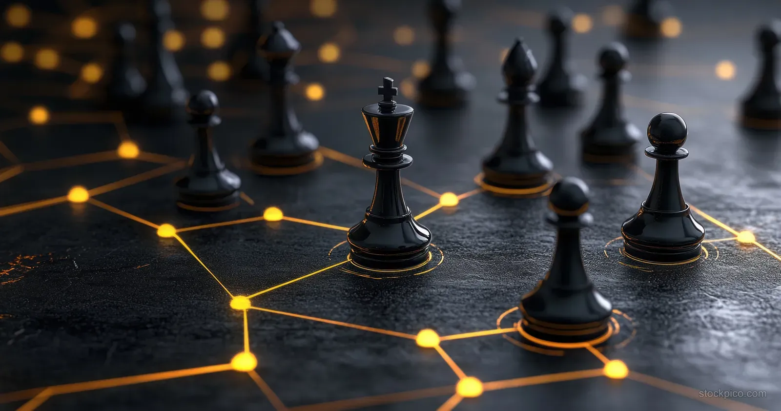 Black chess pieces sit on a dark grid while glowing lines trace the shortest path between two marked points.