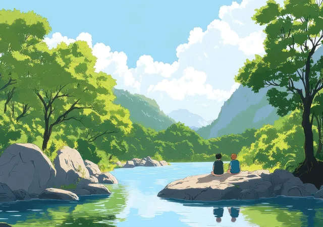 Two people sit on a river rock while green trees and blue mountains surround a calm waterway.