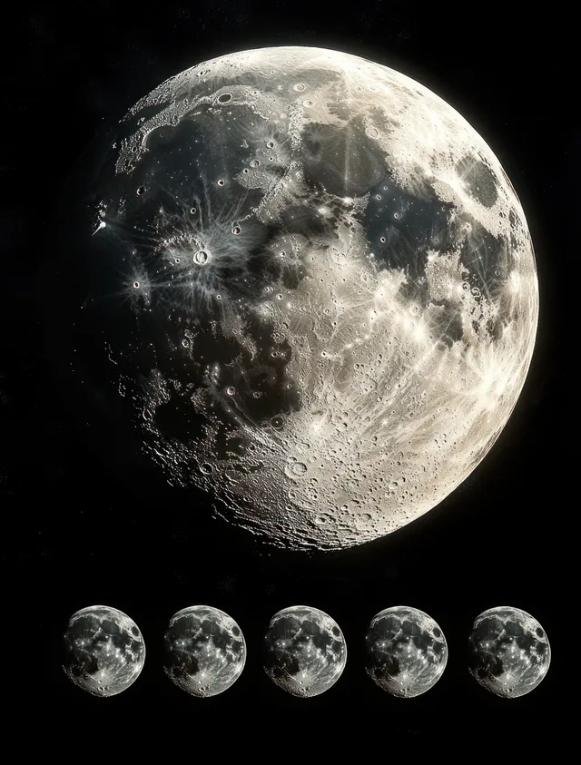 Craters and lunar maria cover a close-up Moon, with smaller moon phases in a row below on a black space background.