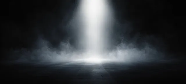 Misty night street scene with neon glow and spotlight beams cutting through foggy darkness