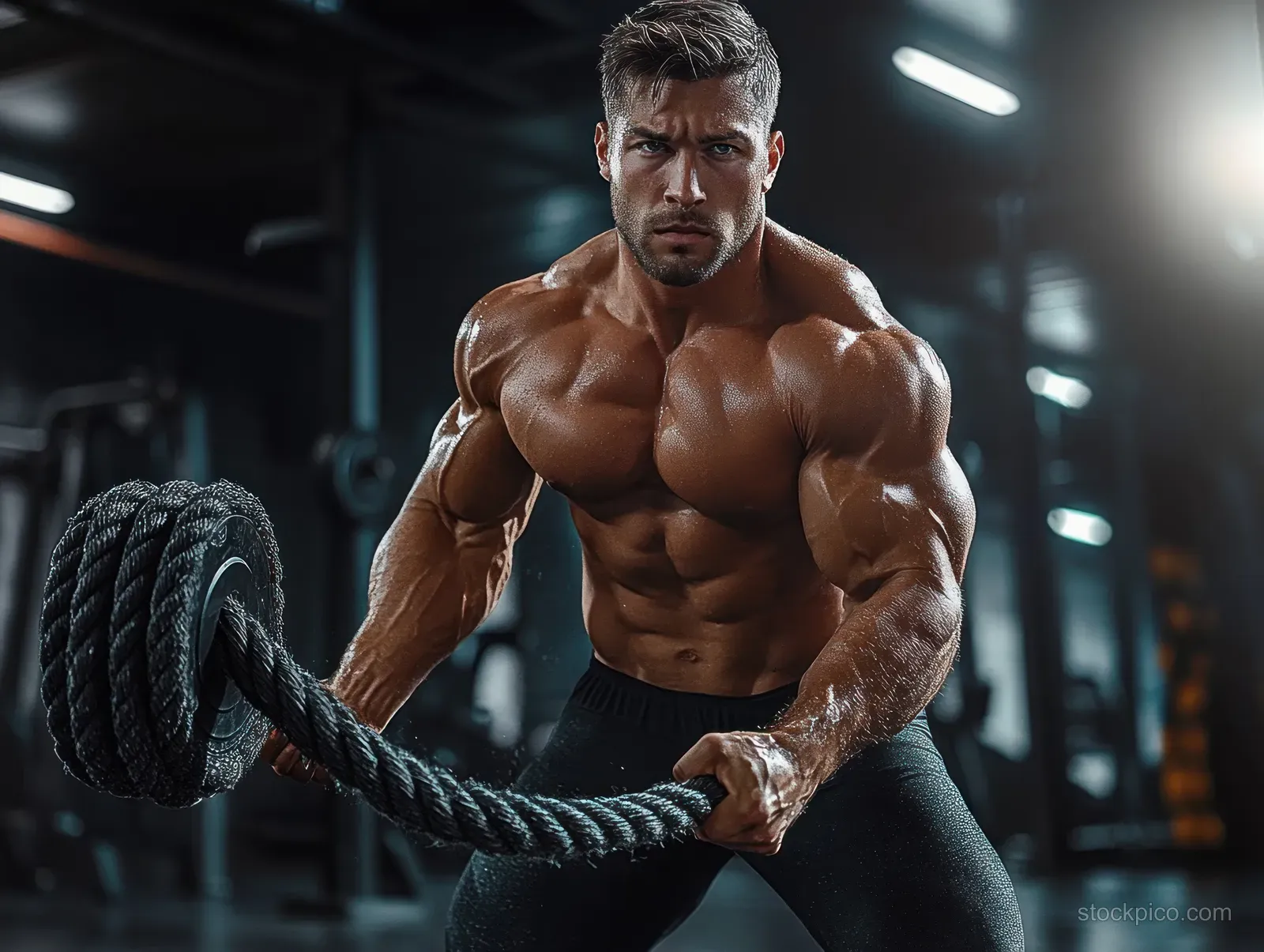 Muscular man pulls heavy battle ropes in a dim gym, showing defined muscles and intense exercise posture.