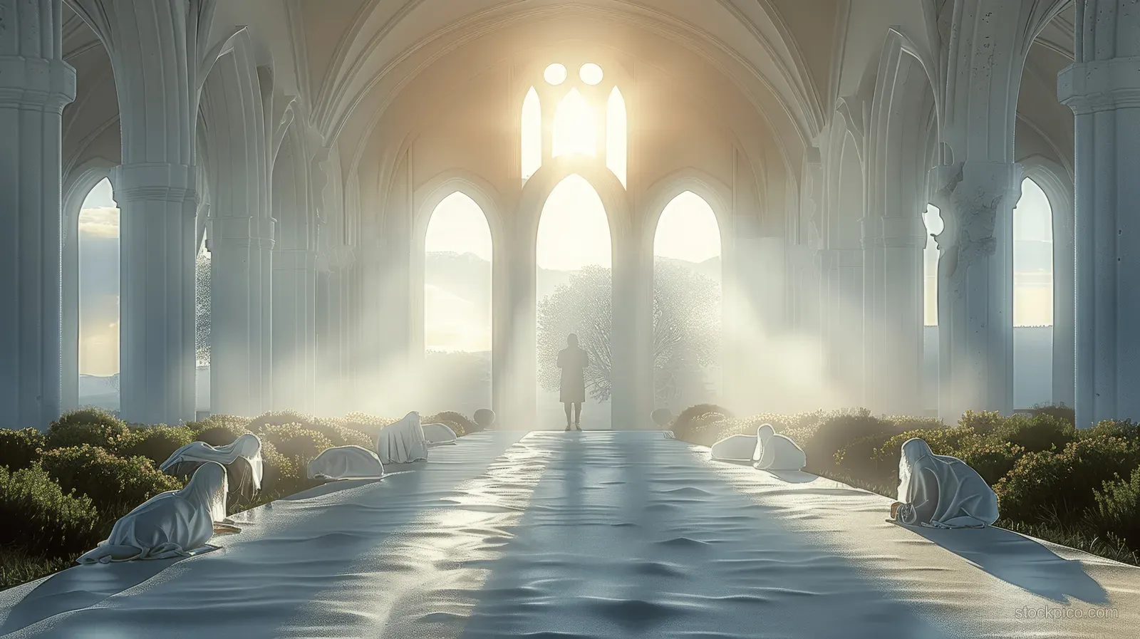 Sunlit Gothic marble interior with arched windows, columns, and a central walkway leading into misty light.