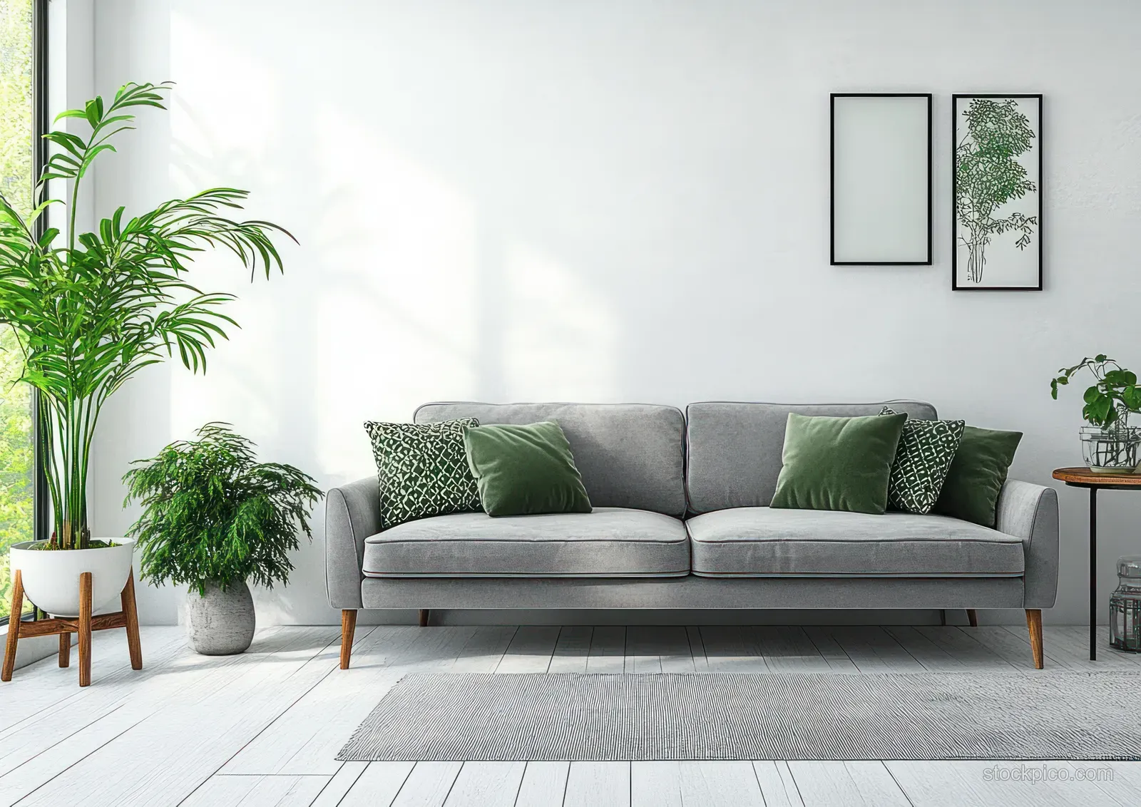 Grey sofa with green cushions sits in a sunlit Scandinavian living room with potted plants and framed wall pictures.