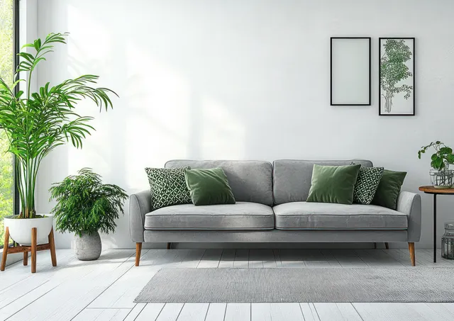 Cozy Scandinavian living room with grey sofa, vibrant cushions, plants, and sunlit window light