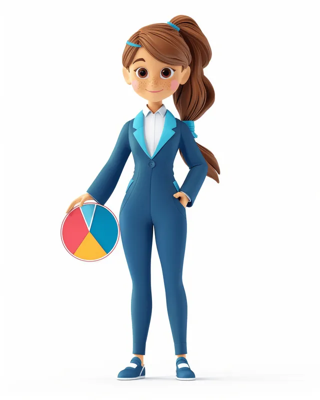 3D cartoon businesswoman in a blue suit holds a colorful pie chart while standing front view on white.