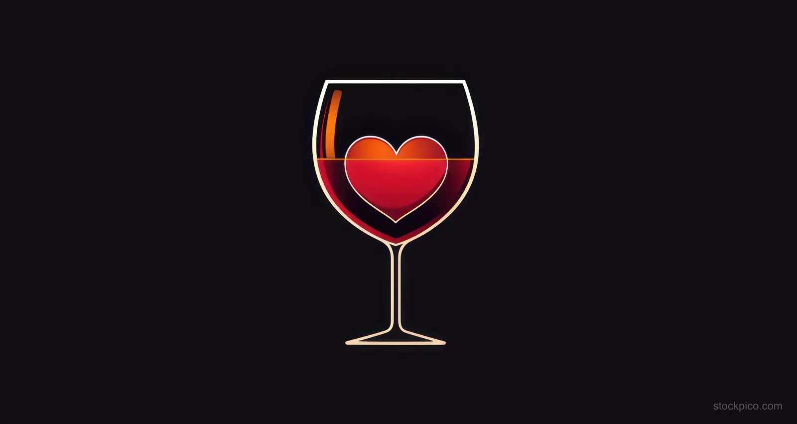 Minimalist wine glass illustration with a red glowing heart inside on a dark background.