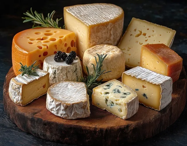 Assorted blue, brie, and Swiss cheeses on a wooden board with rosemary and blackberries.