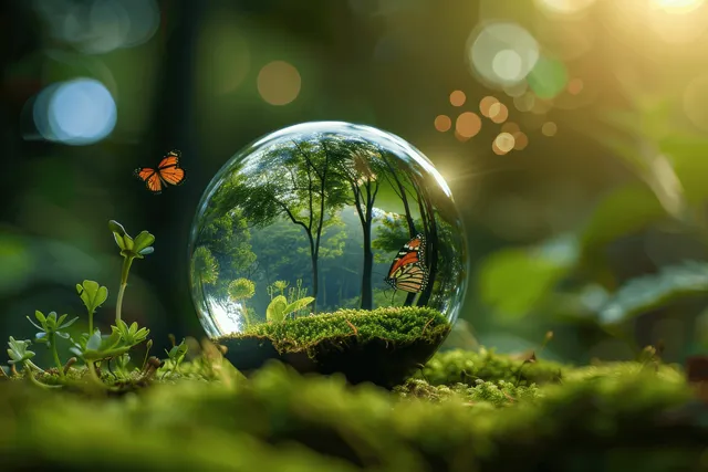 Forest miniature inside a glowing glass sphere with butterflies and sunlit reflections
