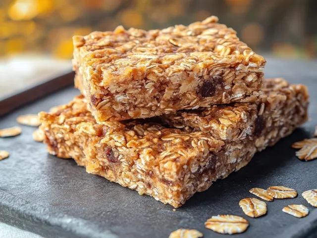 Two stacked oat and chocolate chip granola bars on dark slate with scattered oats around them.