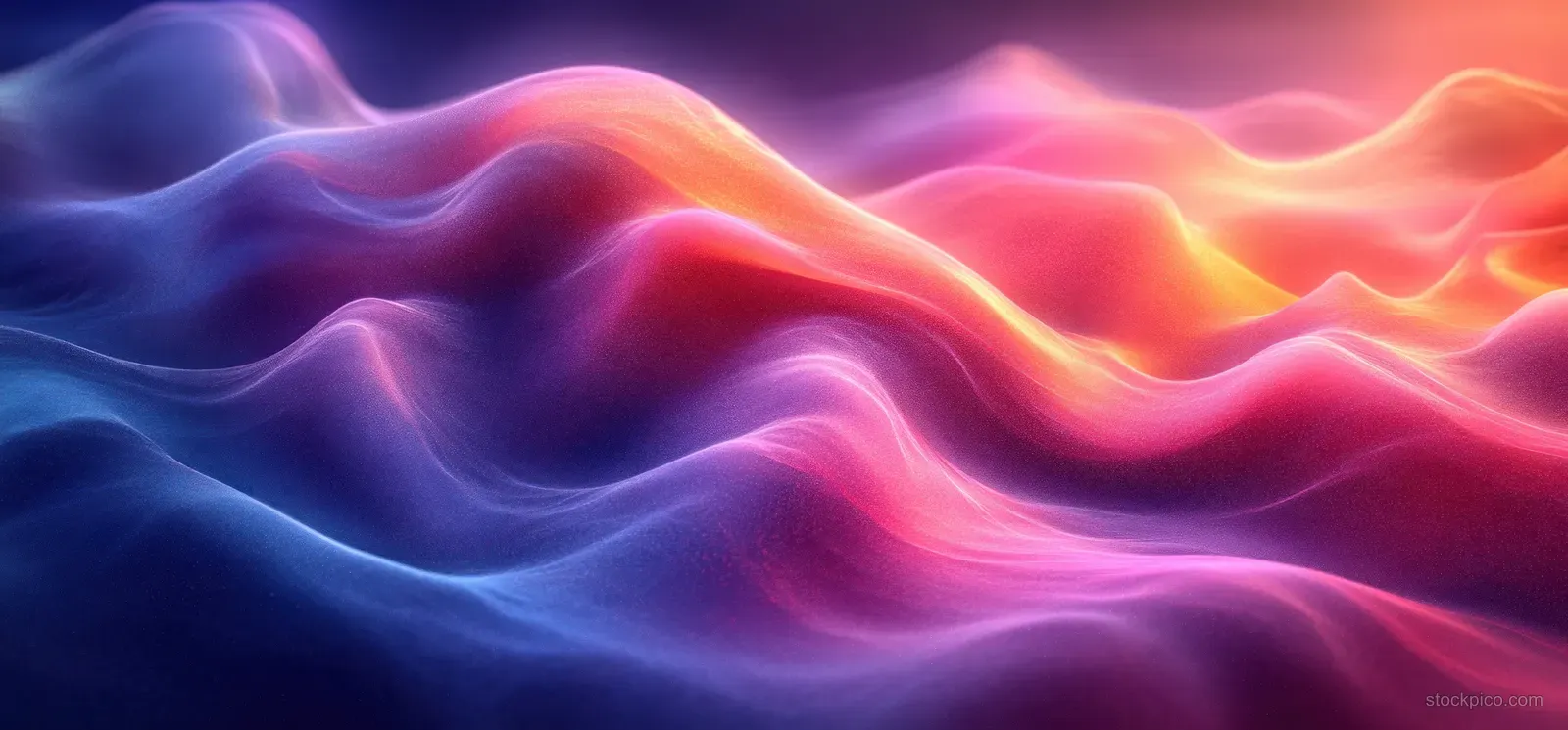 Glowing wavy neon lines ripple across a blue-violet gradient with soft backlit light streaks.