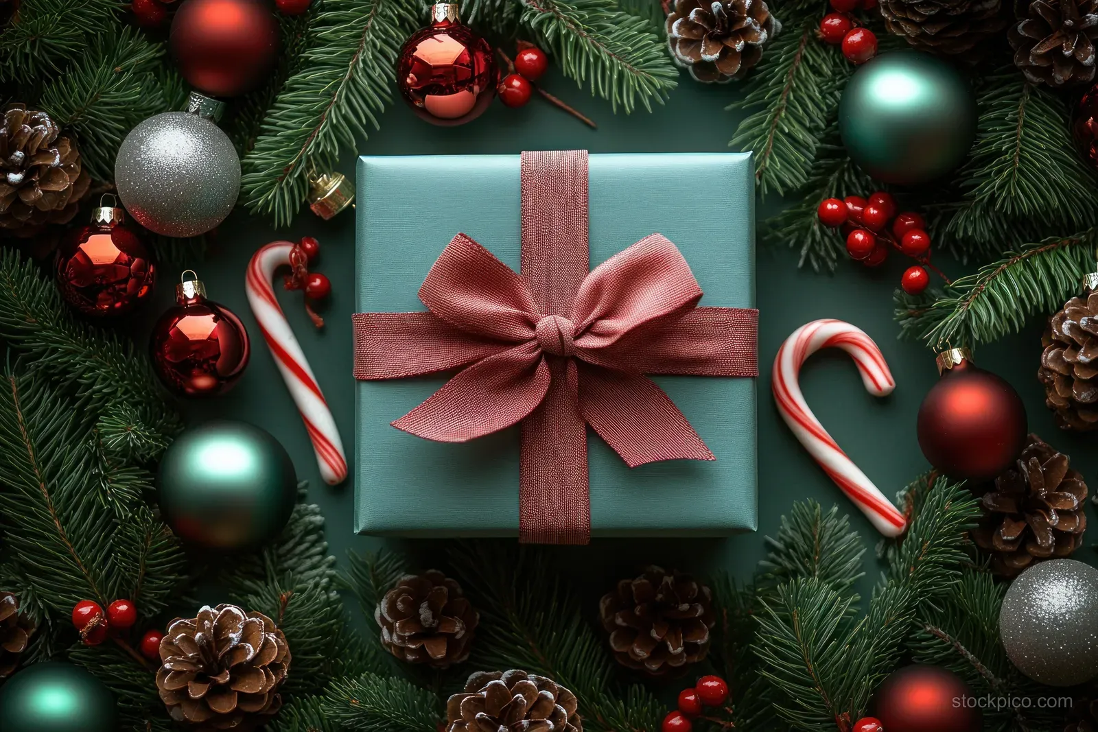 Teal Christmas gift box with a bow, surrounded by candy canes, pinecones, and hanging ornaments on evergreen branches.