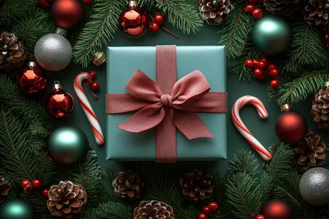 Teal Christmas gift box with a bow, surrounded by candy canes, pinecones, and hanging ornaments on evergreen branches.