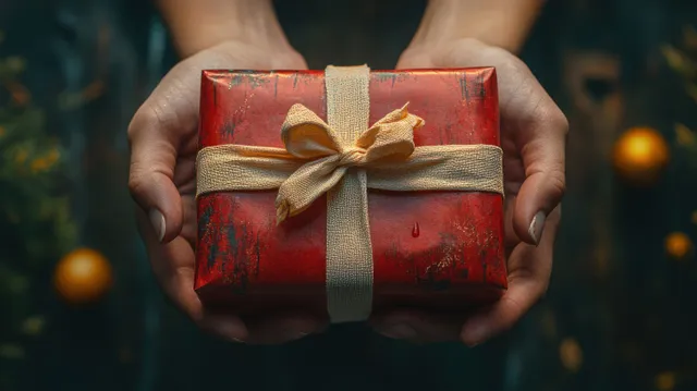 Hands holding wrapped red gift box with cream ribbon against soft bokeh lights