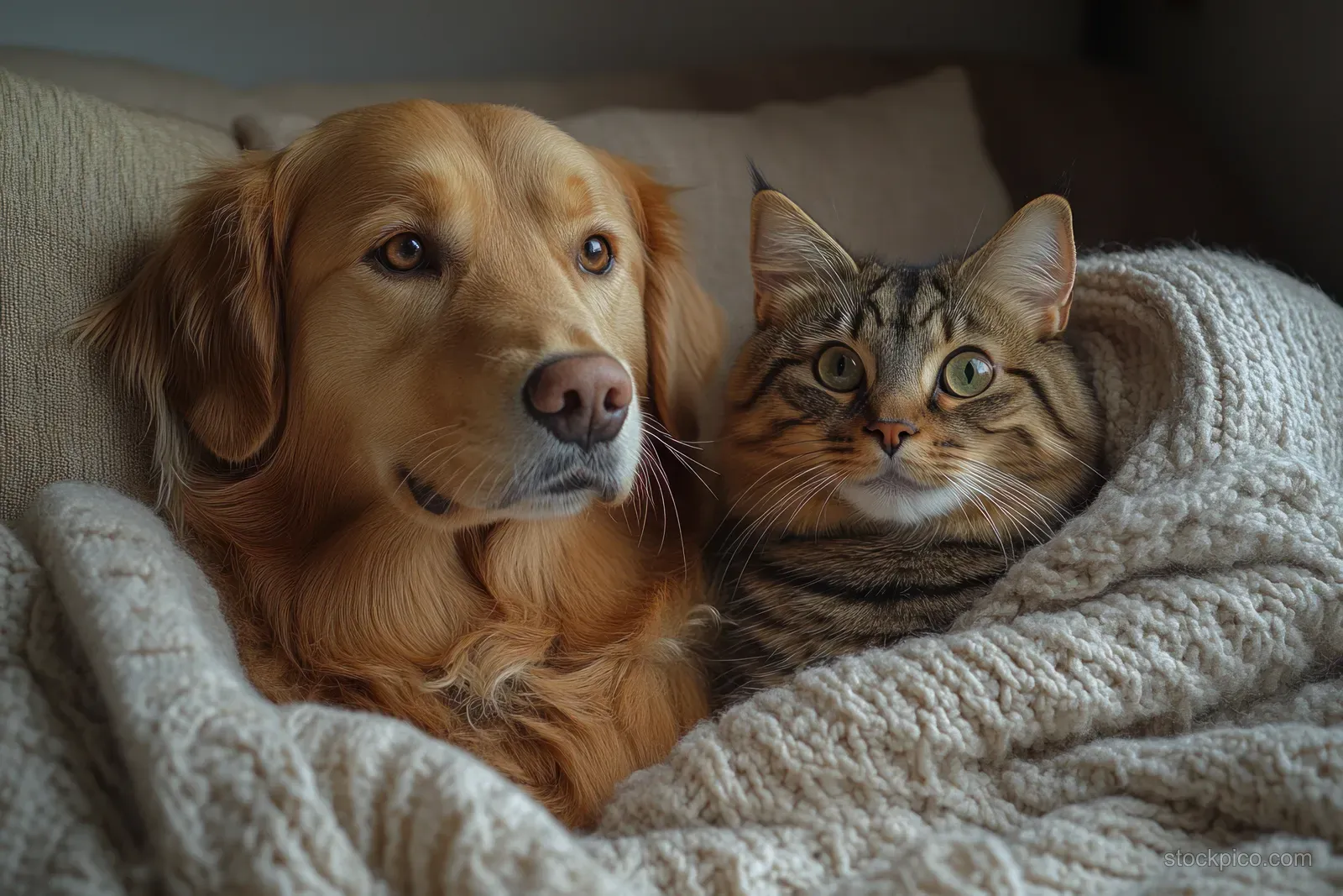 A golden retriever and a striped cat lounge together on a gray sofa with soft indoor light.