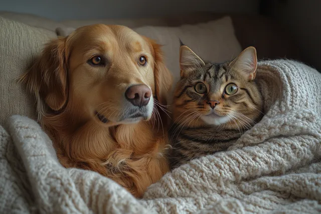 A golden retriever and a striped cat lounge together on a gray sofa with soft indoor light.