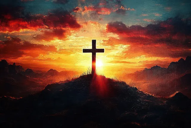A silhouetted cross on a hilltop against a fiery orange and red sunset sky with glowing light rays.
