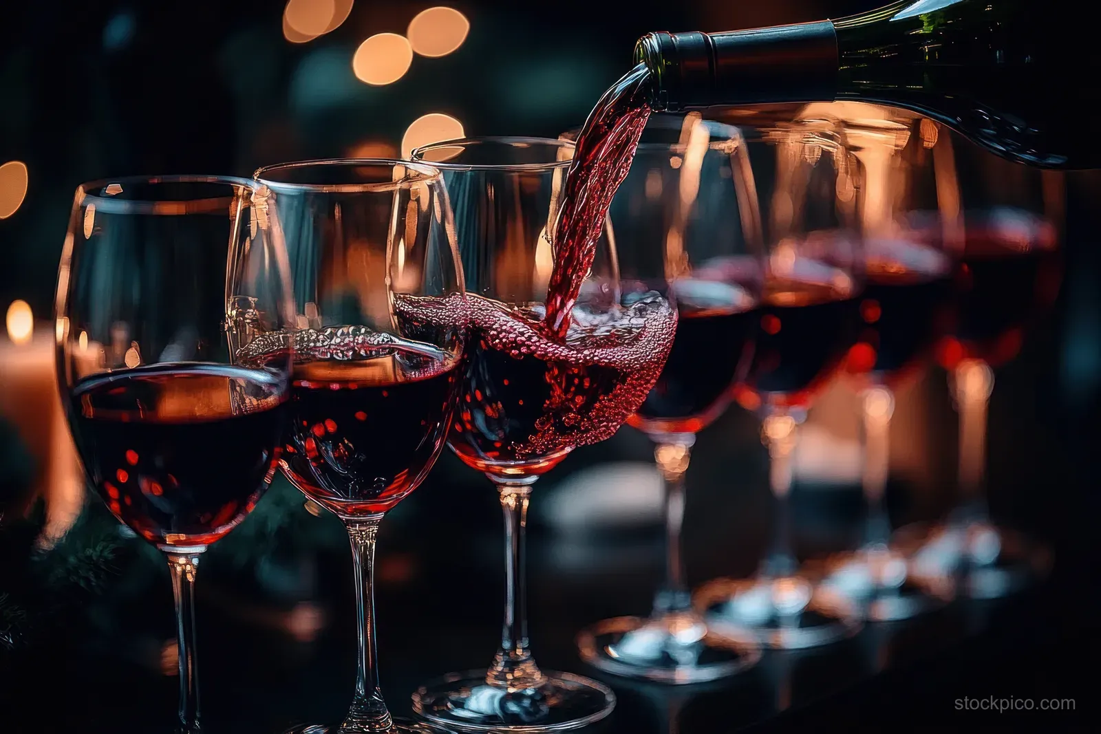 Red wine pours into stemmed glasses on a candlelit table while background lights blur into soft bokeh.
