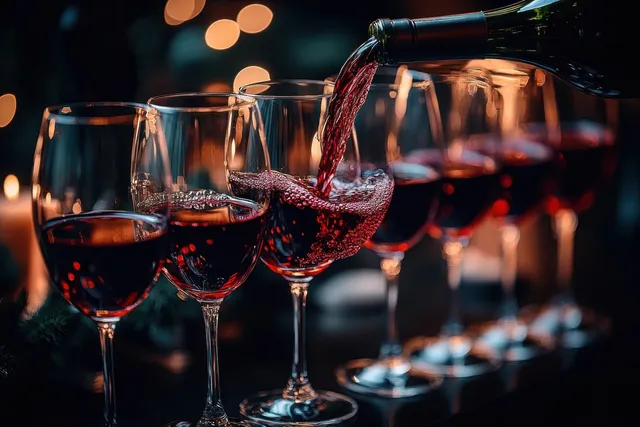 Red wine pouring into stemmed glasses at a candlelit dinner with soft bokeh lights