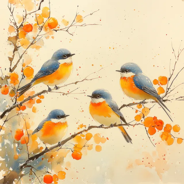 Colorful watercolor robins perched on branching tree with orange blossoms and soft pastel splashes