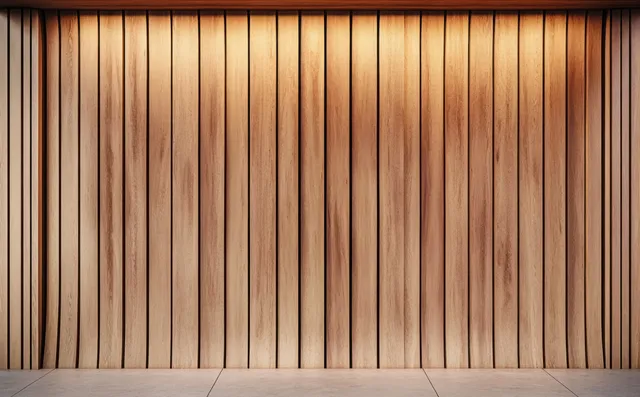Scandinavian wooden slat wall panel with vertical grooves and warm natural grain background