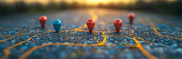 Colorful map pins on vintage road map with blurred travel city lines