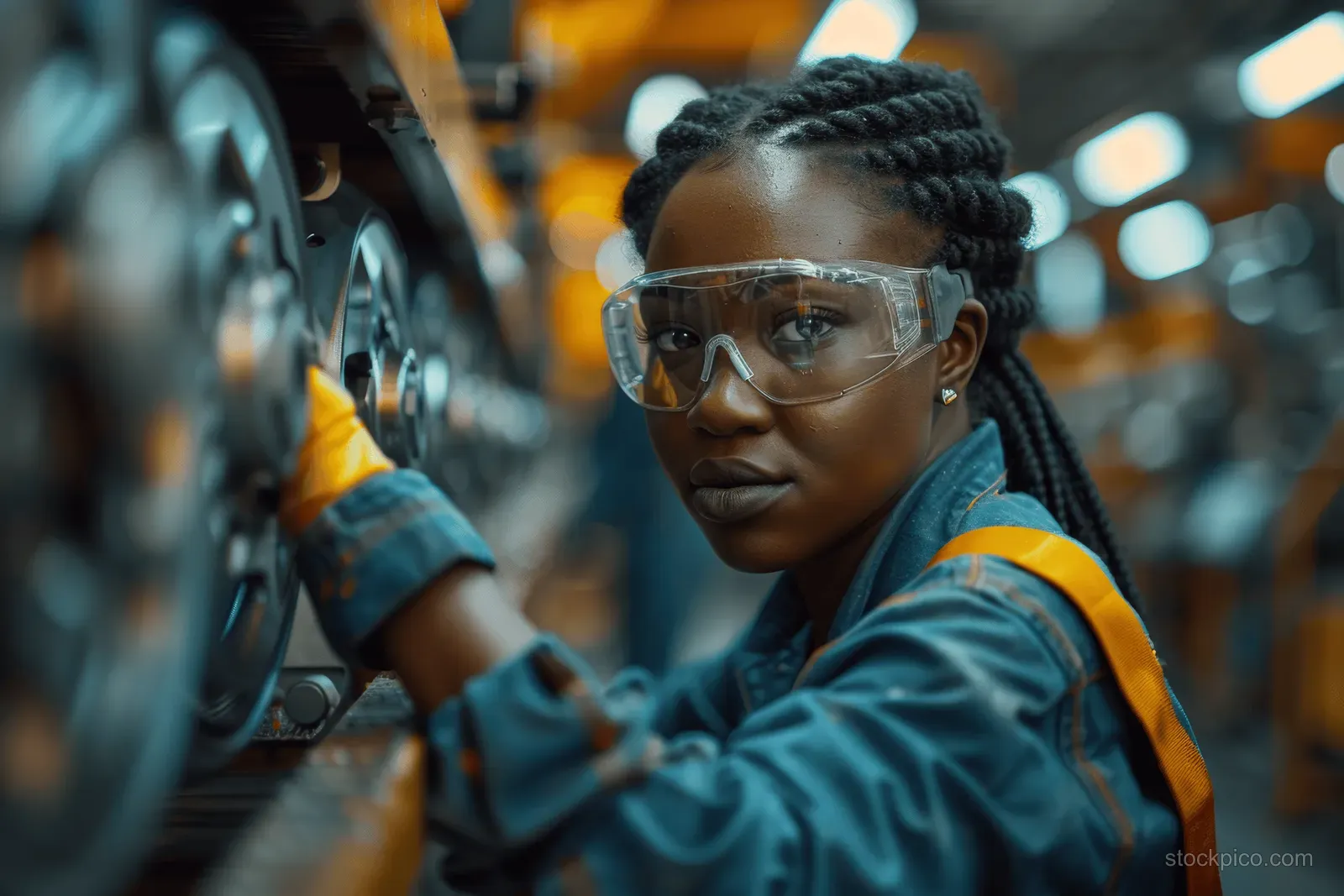 Technician wearing safety goggles and gloves inspects machinery inside a factory workshop with blurred equipment in background.