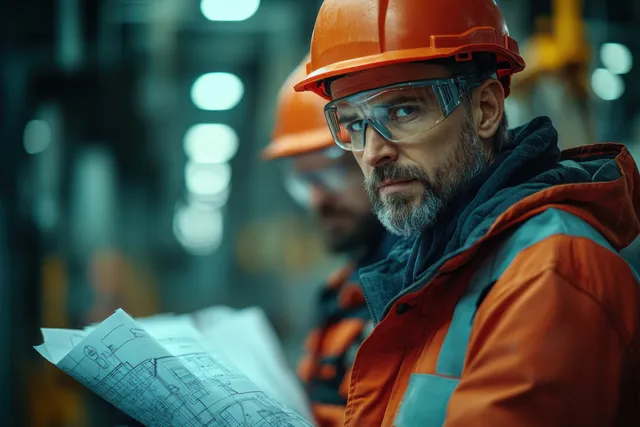 A construction worker in an orange hard hat reviews blueprints under glowing lights at a job site.