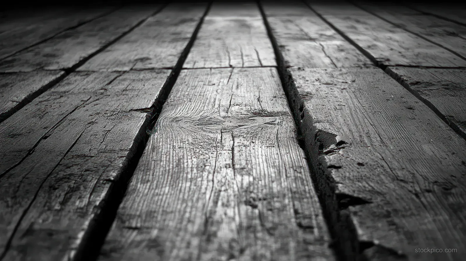 Monochrome close-up of old floorboards showing cracks, splinters, and rough wood grain texture.