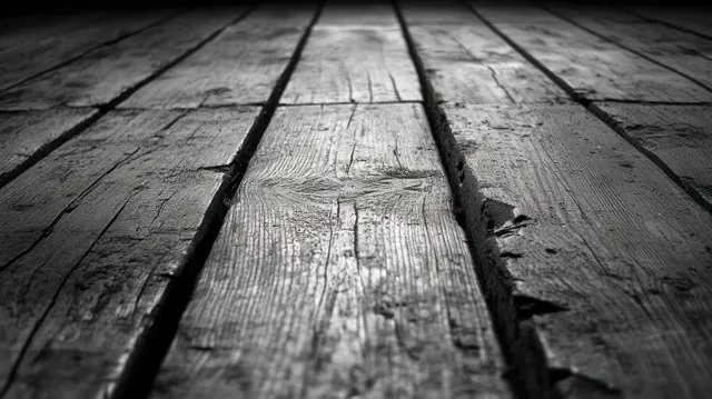 Monochrome close-up of old floorboards showing cracks, splinters, and rough wood grain texture.