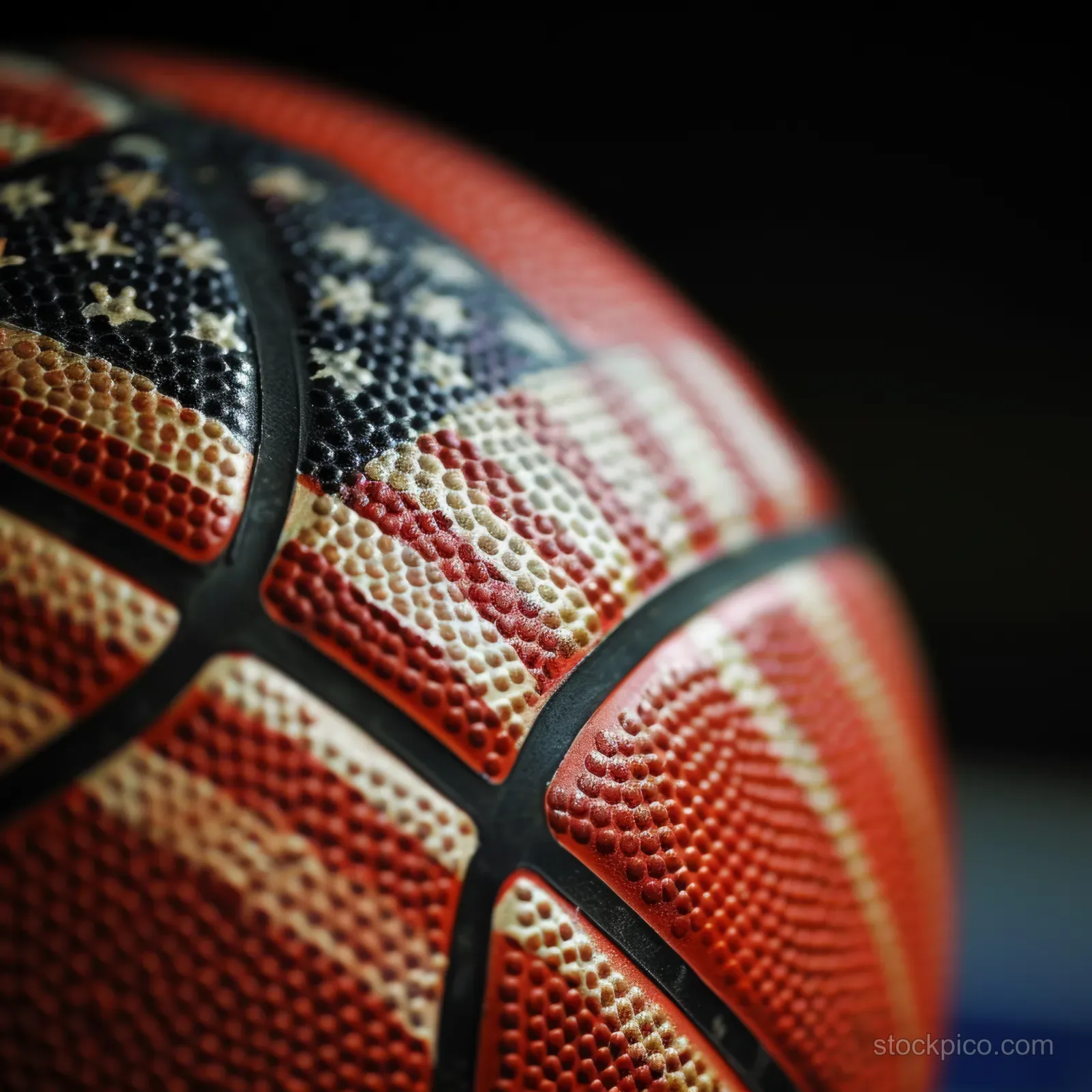 Close-up basketball with an American flag pattern and bright highlights against a blurred sports arena.