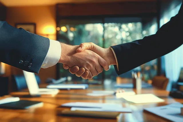 Two business professionals handshake across a meeting table with papers under warm office light.