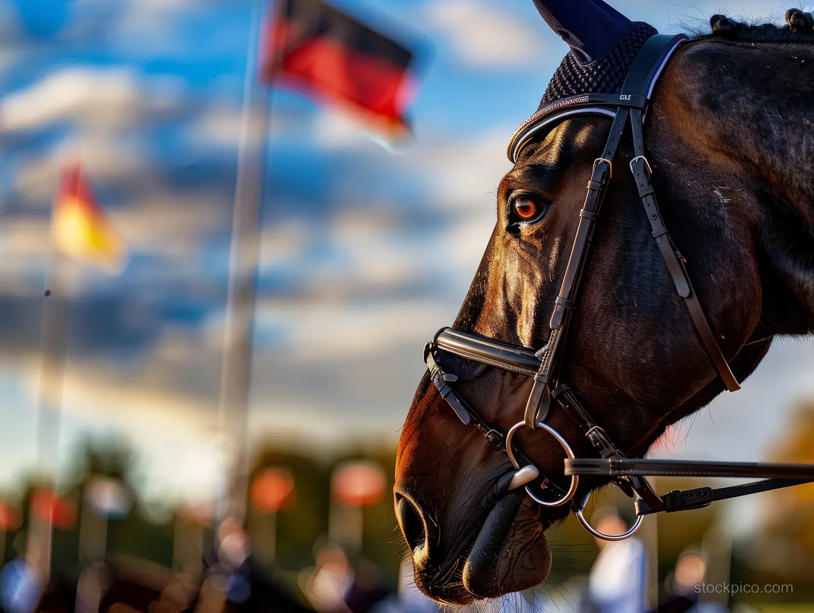 Close-up of a bridled horse beside an equestrian rider with stadium flags and a blurred crowd behind.