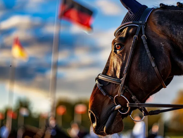 Close-up of a bridled horse beside an equestrian rider with stadium flags and a blurred crowd behind.