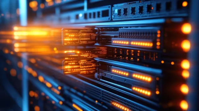 Glowing orange LED indicators illuminate rack-mounted servers inside a dark data center aisle.