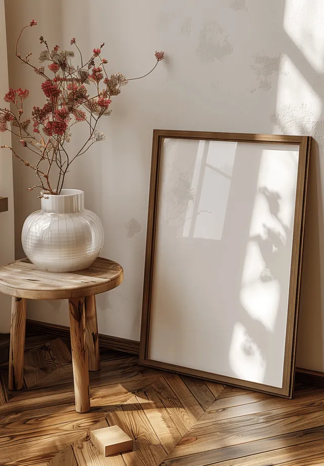 Empty vertical A4 frame leaning on a wooden floor next to a ceramic vase with dried flowers and soft light.