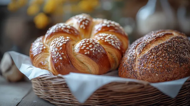 Pecan danish and braided multigrain croissant on a parchment-lined basket, rustic morning light