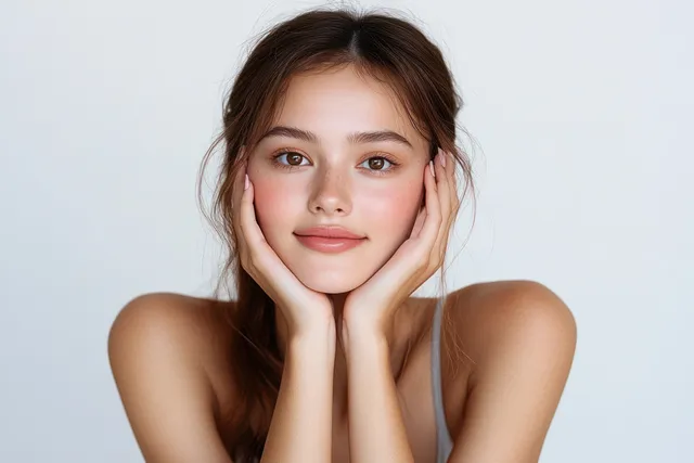Young Asian woman posing with hands on cheeks in soft natural light against white background